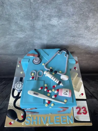 Blue cake shaped like medical scrubs with a stethoscope, syringe, pills, thermometer, a piped name and the number 23.
