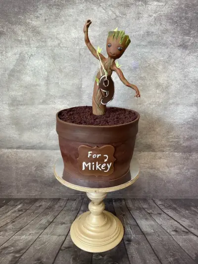 Cake shaped like a terracotta pot with chocolate crumb soil, a Baby Groot figure holding a 9, and a plaque reading For Mikey.